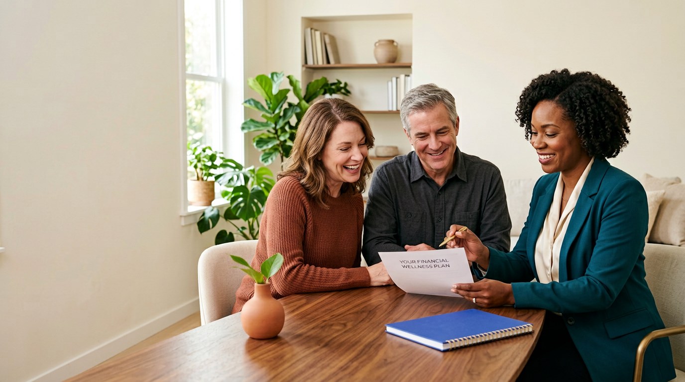 A financial advisor sharing a plan with a couple in a bright home office
